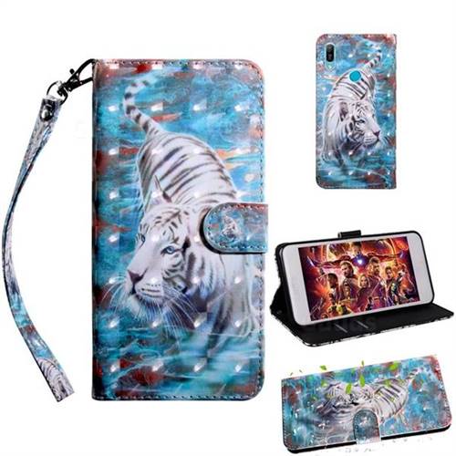 White Tiger 3D Painted Leather Wallet Case for Huawei Y6 (2019)