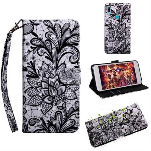 Black Lace Rose 3D Painted Leather Wallet Case for Huawei Y6 (2019)