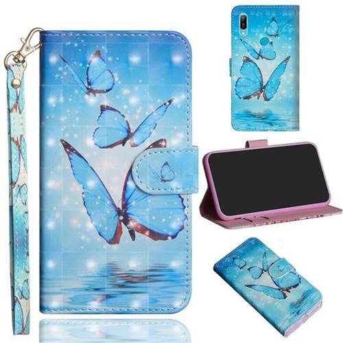Blue Sea Butterflies 3D Painted Leather Wallet Case for Huawei Y6 (2019)