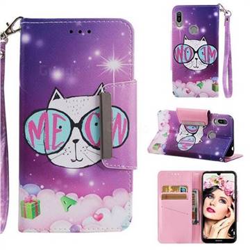 Glasses Cat Big Metal Buckle PU Leather Wallet Phone Case for Huawei Y6 (2019)
