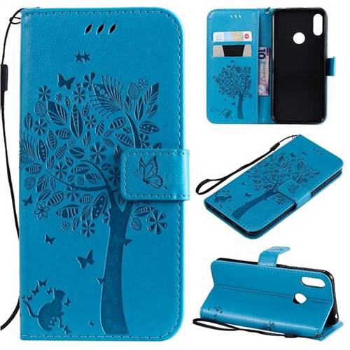Embossing Butterfly Tree Leather Wallet Case for Huawei Y6 (2019) - Blue