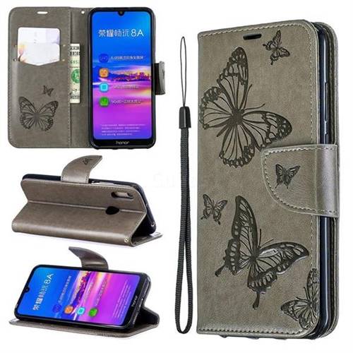 Embossing Double Butterfly Leather Wallet Case for Huawei Y6 (2019) - Gray