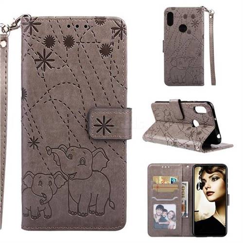 Embossing Fireworks Elephant Leather Wallet Case for Huawei Y6 (2019) - Gray