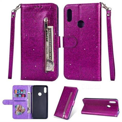 Glitter Shine Leather Zipper Wallet Phone Case for Huawei Y6 (2019) - Purple