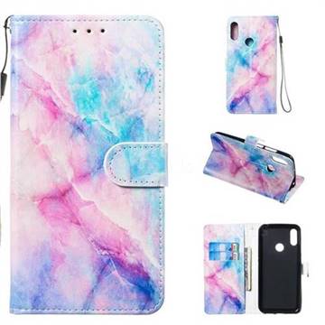 Blue Pink Marble Smooth Leather Phone Wallet Case for Huawei Y6 (2019)