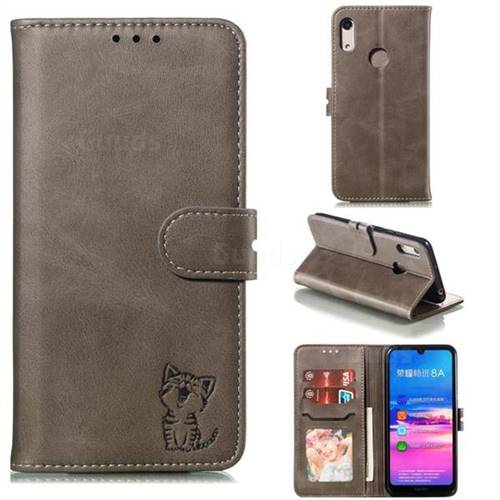 Embossing Happy Cat Leather Wallet Case for Huawei Y6 (2019) - Gray