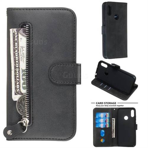 Retro Luxury Zipper Leather Phone Wallet Case for Huawei Y6 (2019) - Black