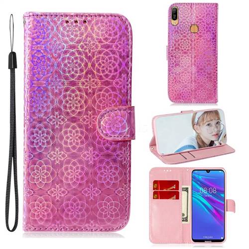 Laser Circle Shining Leather Wallet Phone Case for Huawei Y6 (2019) - Pink