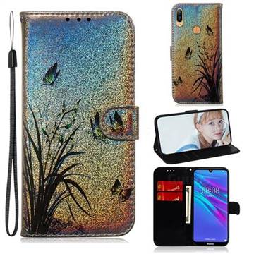 Butterfly Orchid Laser Shining Leather Wallet Phone Case for Huawei Y6 (2019)