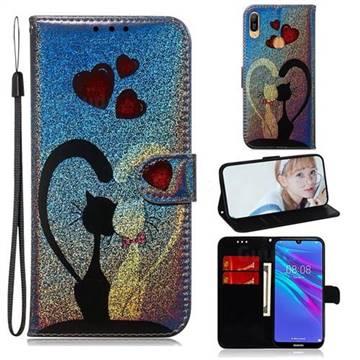 Love Cat Laser Shining Leather Wallet Phone Case for Huawei Y6 (2019)