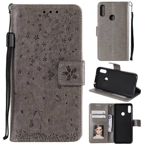 Embossing Cherry Blossom Cat Leather Wallet Case for Huawei Y6 (2019) - Gray