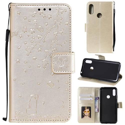 Embossing Cherry Blossom Cat Leather Wallet Case for Huawei Y6 (2019) - Golden