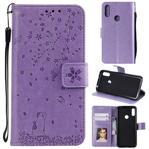 Embossing Cherry Blossom Cat Leather Wallet Case for Huawei Y6 (2019) - Purple