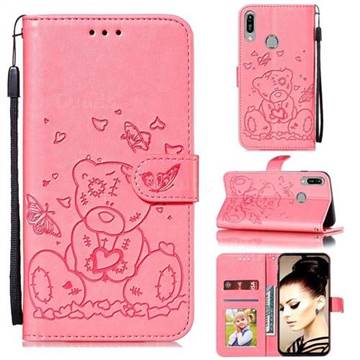 Embossing Butterfly Heart Bear Leather Wallet Case for Huawei Y6 (2019) - Pink