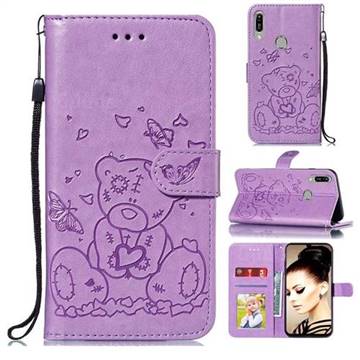 Embossing Butterfly Heart Bear Leather Wallet Case for Huawei Y6 (2019) - Purple