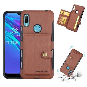 Brush Multi-function Leather Phone Case for Huawei Y6 (2019) - Brown