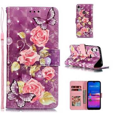 Purple Butterfly Flower 3D Painted Leather Phone Wallet Case for Huawei Y6 (2019)