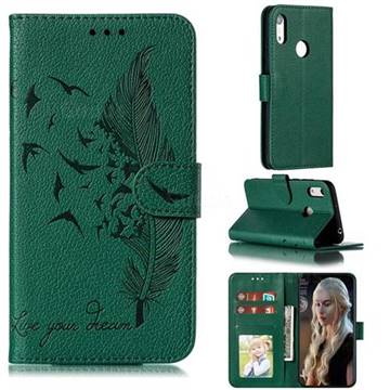 Intricate Embossing Lychee Feather Bird Leather Wallet Case for Huawei Y6 (2019) - Green