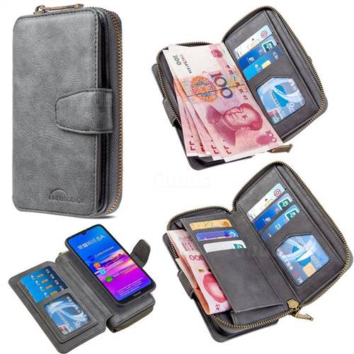 Binfen Color Retro Buckle Zipper Multifunction Leather Phone Wallet for Huawei Y6 (2019) - Gray
