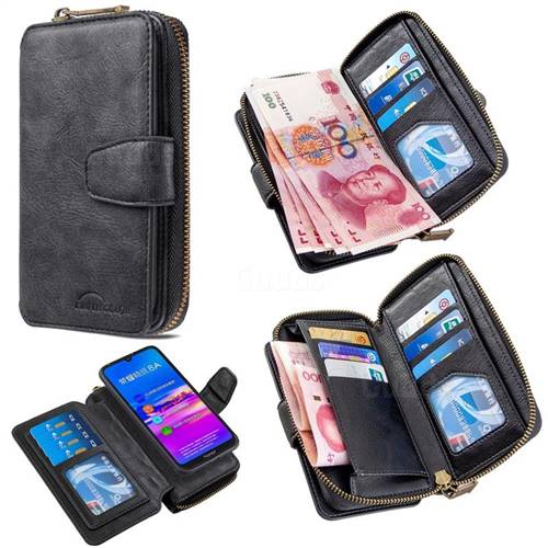 Binfen Color Retro Buckle Zipper Multifunction Leather Phone Wallet for Huawei Y6 (2019) - Black