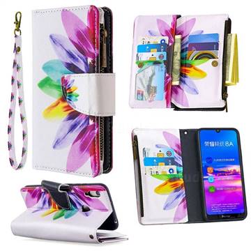 Seven-color Flowers Binfen Color BF03 Retro Zipper Leather Wallet Phone Case for Huawei Y6 (2019)