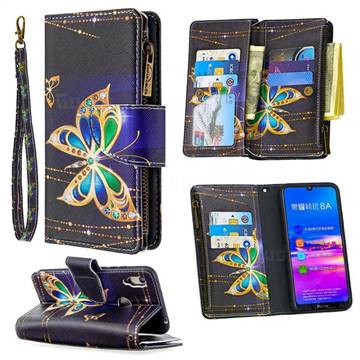 Golden Shining Butterfly Binfen Color BF03 Retro Zipper Leather Wallet Phone Case for Huawei Y6 (2019)