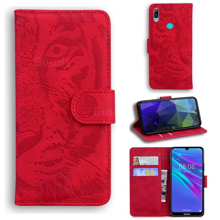 Intricate Embossing Tiger Face Leather Wallet Case for Huawei Y6 (2019) - Red