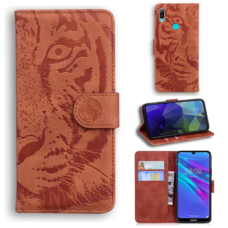 Intricate Embossing Tiger Face Leather Wallet Case for Huawei Y6 (2019) - Brown