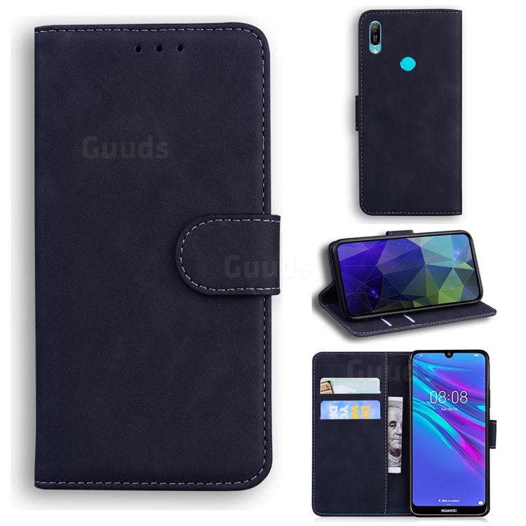 Retro Classic Skin Feel Leather Wallet Phone Case for Huawei Y6 (2019) - Black