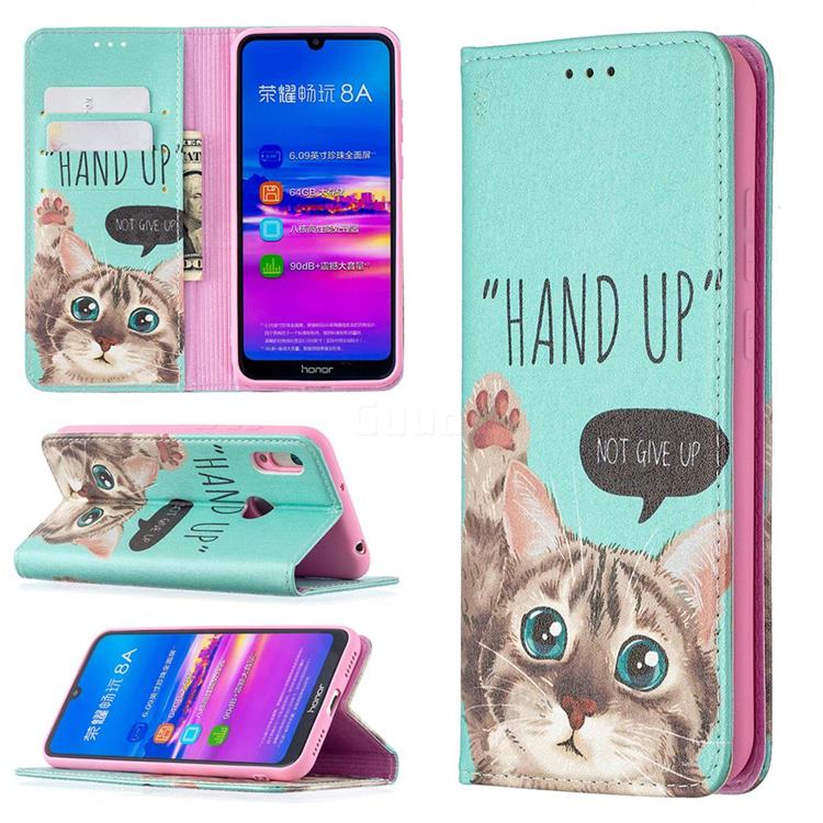 Hand Up Cat Slim Magnetic Attraction Wallet Flip Cover for Huawei Y6 (2019)