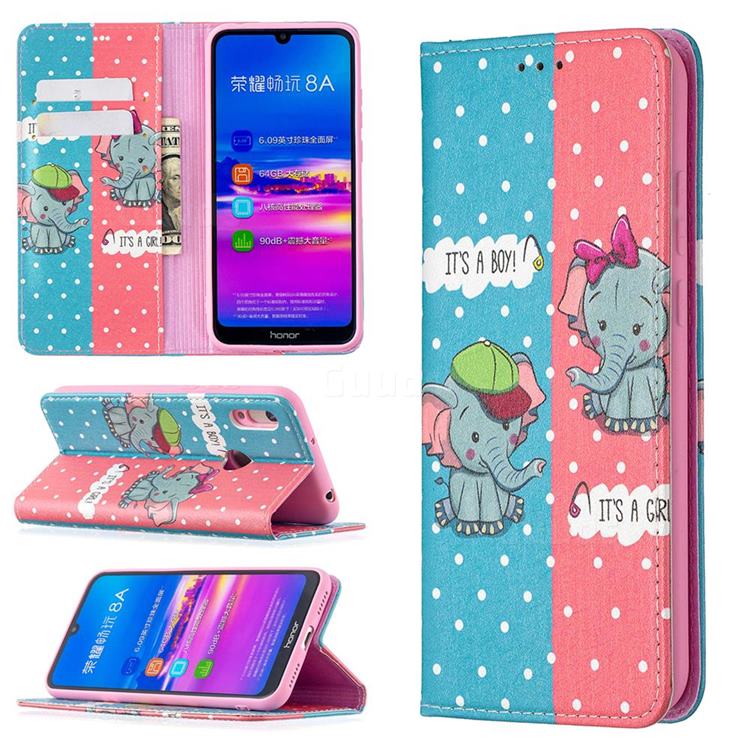 Elephant Boy and Girl Slim Magnetic Attraction Wallet Flip Cover for Huawei Y6 (2019)