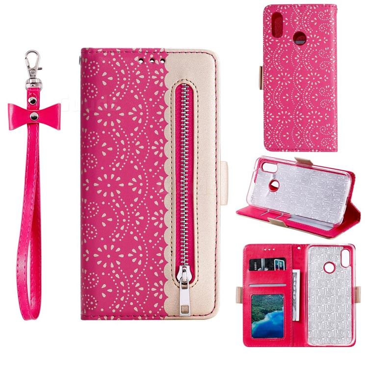 Luxury Lace Zipper Stitching Leather Phone Wallet Case for Huawei Y6 (2019) - Rose