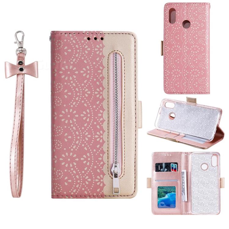 Luxury Lace Zipper Stitching Leather Phone Wallet Case for Huawei Y6 (2019) - Pink