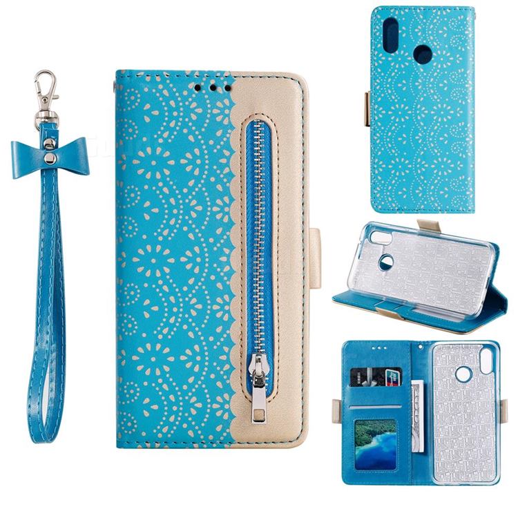 Luxury Lace Zipper Stitching Leather Phone Wallet Case for Huawei Y6 (2019) - Blue