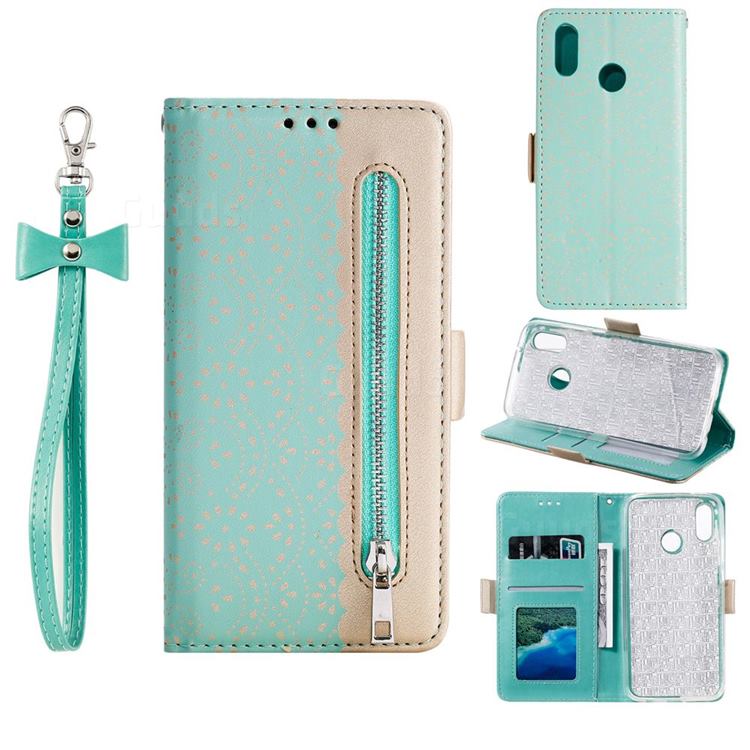 Luxury Lace Zipper Stitching Leather Phone Wallet Case for Huawei Y6 (2019) - Green