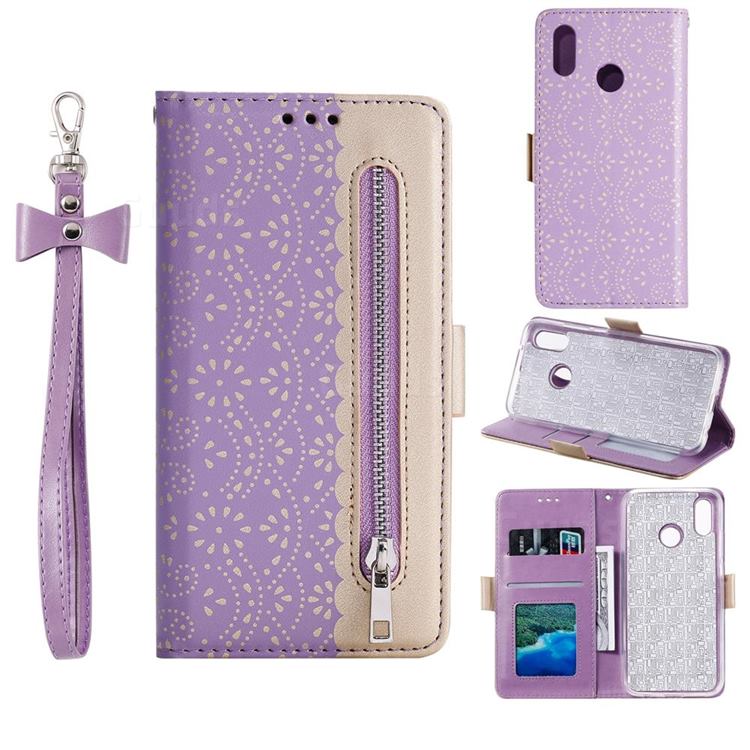 Luxury Lace Zipper Stitching Leather Phone Wallet Case for Huawei Y6 (2019) - Purple