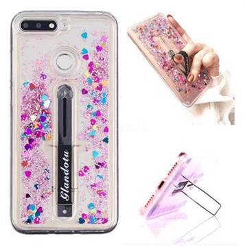 Concealed Ring Holder Stand Glitter Quicksand Dynamic Liquid Phone Case for Huawei Y6 (2018) - Rose