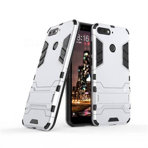 Armor Premium Tactical Grip Kickstand Shockproof Dual Layer Rugged Hard Cover for Huawei Y6 (2018) - Silver
