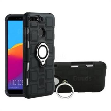 Ice Cube Shockproof PC + Silicon Invisible Ring Holder Phone Case for Huawei Y6 (2018) - Black