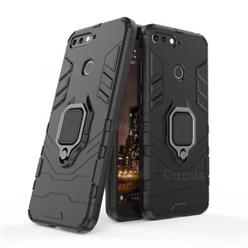 Black Panther Armor Metal Ring Grip Shockproof Dual Layer Rugged Hard Cover for Huawei Y6 (2018) - Black