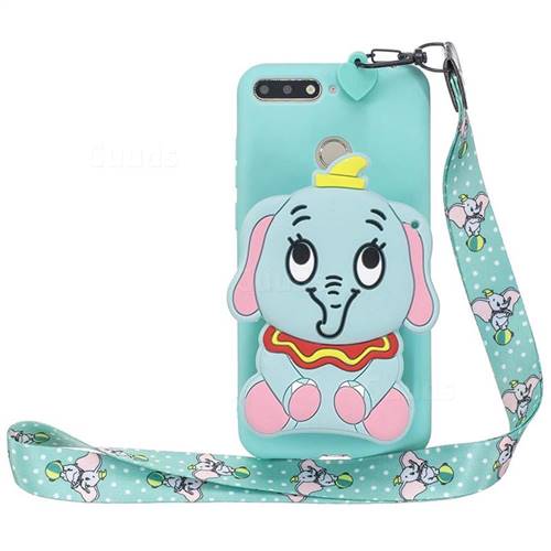 Blue Elephant Neck Lanyard Zipper Wallet Silicone Case for Huawei Y6 (2018)