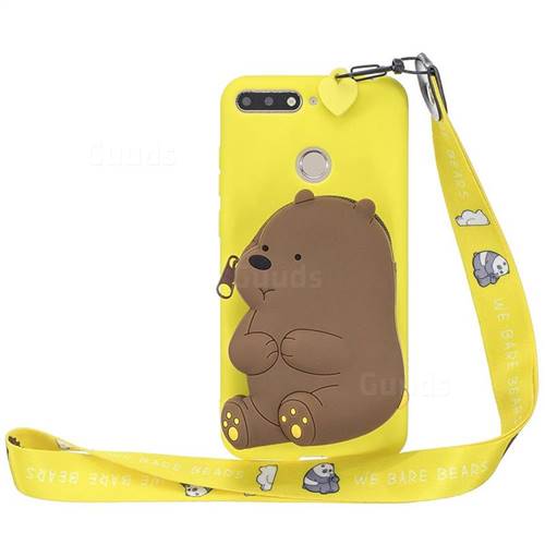 Yellow Bear Neck Lanyard Zipper Wallet Silicone Case for Huawei Y6 (2018)
