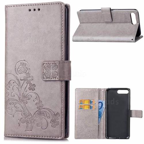 Embossing Imprint Four-Leaf Clover Leather Wallet Case for Huawei Y6 (2018) - Grey