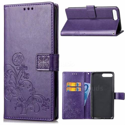 Embossing Imprint Four-Leaf Clover Leather Wallet Case for Huawei Y6 (2018) - Purple