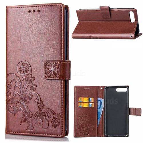 Embossing Imprint Four-Leaf Clover Leather Wallet Case for Huawei Y6 (2018) - Brown