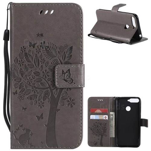Embossing Butterfly Tree Leather Wallet Case for Huawei Y6 (2018) - Grey