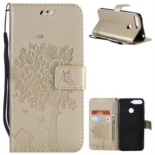 Embossing Butterfly Tree Leather Wallet Case for Huawei Y6 (2018) - Champagne
