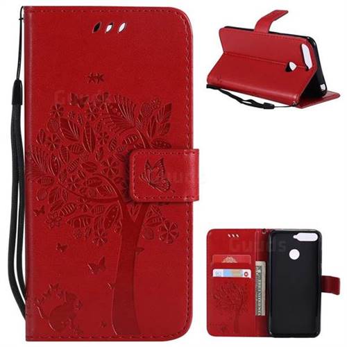 Embossing Butterfly Tree Leather Wallet Case for Huawei Y6 (2018) - Red