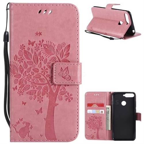 Embossing Butterfly Tree Leather Wallet Case for Huawei Y6 (2018) - Pink