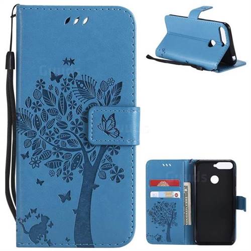 Embossing Butterfly Tree Leather Wallet Case for Huawei Y6 (2018) - Blue